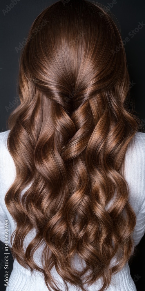 Fototapeta premium Elegant, voluminous, wavy brown hair cascading down a woman s back on a black background.