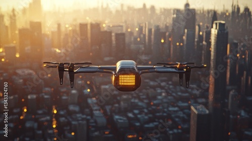 Drone delivery over futuristic city at sunrise.
