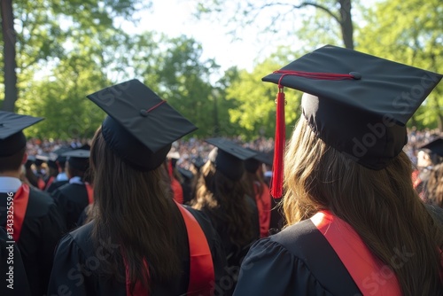Graduates in caps and gowns at an outdoor commencement ceremony.