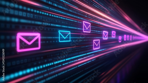 Colorful Digital Email Icons Streaming Along a Bright Neon Data Background with Binary Code Patterns