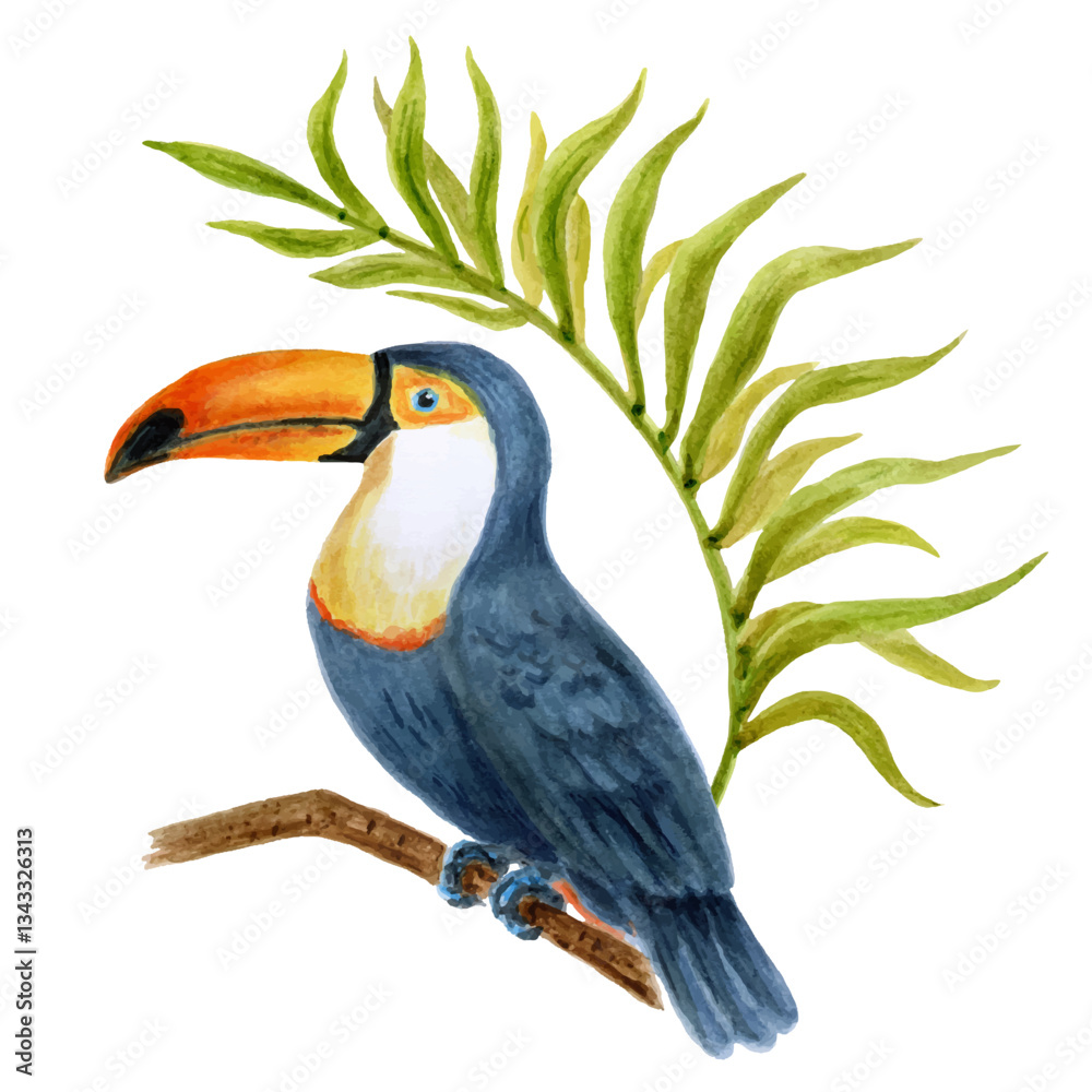 Fototapeta premium Toucan Bird sits on a branch with palm leaf. Hand drawn watercolor painting. Vector element design.
