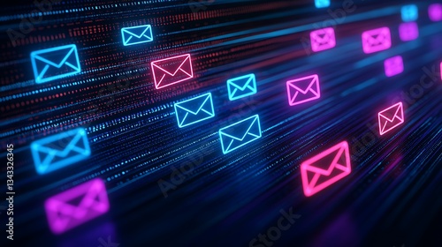 Colorful Digital Email Icons with Neon Glow on Dark Background Representing Communication and Technology
