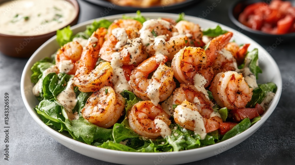 A symphony of flavors, a creamy Caesar dressing mingling with plump, succulent shrimp, creating a taste explosion on a bed of crisp greens.