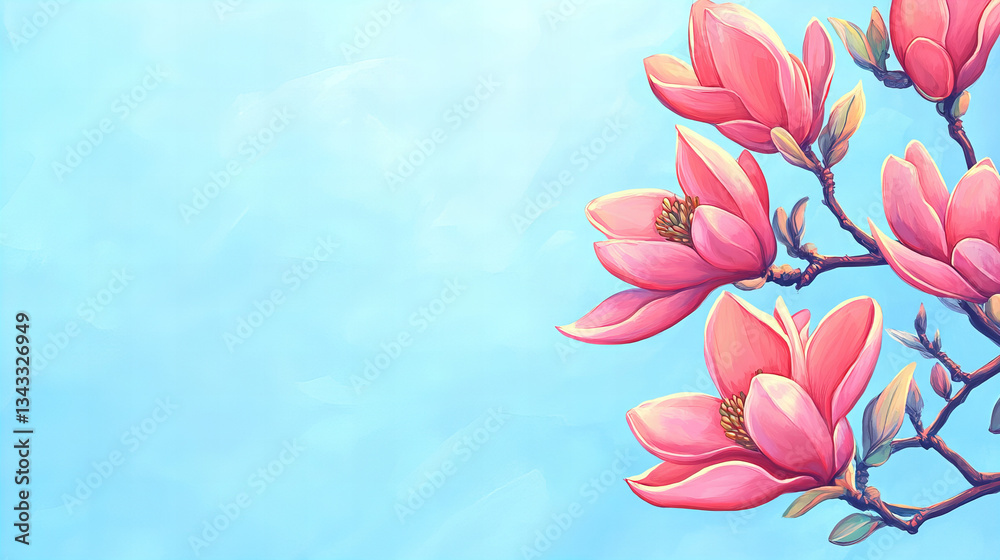 Obraz premium Blooming magnolia branches with delicate white and pink flowers against a soft blue sky in spring, perfect for seasonal designs and botanical themes.