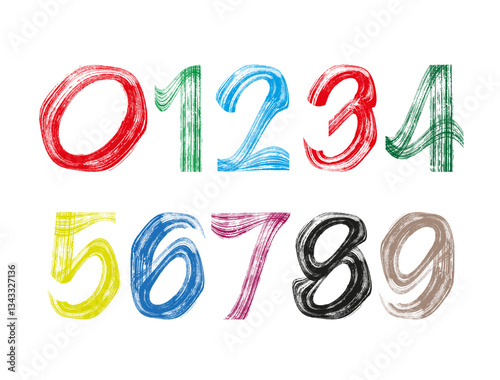 The numbers from 0 to 9 are drawn by hand with uneven strokes, using a dry brush.
 Vector image, doodle, editable