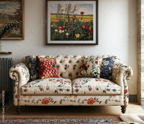 a cozy living room features a floral sofa with cushions and framed artworks