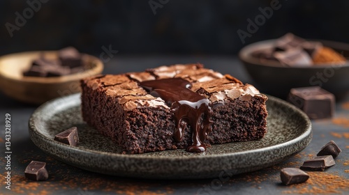 A decadent chocolate brownie, its edges rich and dark, its heart a molten pool of pure chocolate, served on a plate, inviting indulgence with each crumb.