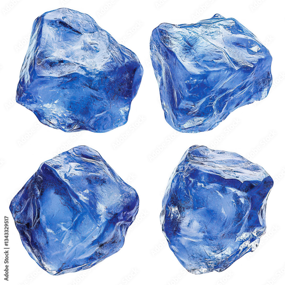 Obraz premium Four Pieces Of Blue Ice Cubes Isolated On Transparent Background, Crystal Clear Shape And Size