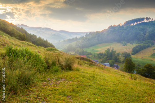 Obraz na płótnie landscape of rural valley with dawn sky. nature environment in summer. green meadow in mountain and forest on hill. scenic travel view. beautiful countryside background with grass for outdoor tourism w salonie