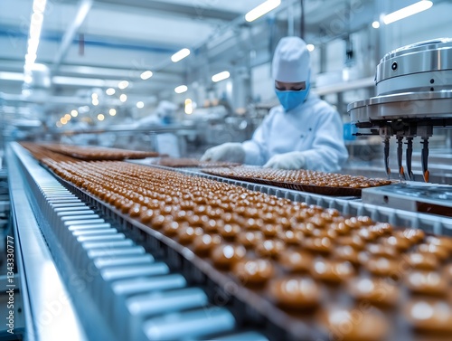 A factory worker in a sterile environment carefully places chocolates onto a conveyor belt for packaging and distribution.