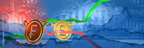 currency exchange rate. british pound bullish position to swiss franc. money as golden coins. financial banking background for profit. 3D illustration of forex trading. uk market success concept
