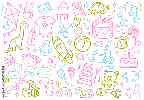 Colorful doodle illustration with baby toys and childhood elements. Vector illustrations on a white background. Perfect for kids products, coloring pages, and nursery designs.