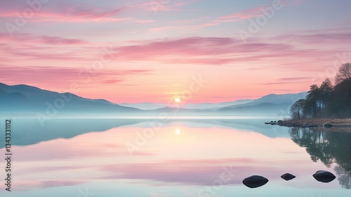 A panoramic view of a tranquil lake at twilight,