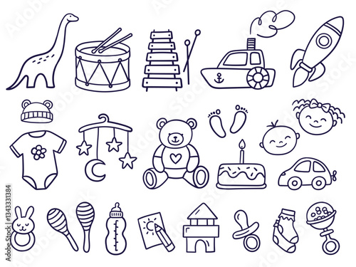 Hand-drawn baby toys and childhood elements. Includes teddy bear, rattle, drum, rocket, puzzles, and more. Vector illustrations on a white background.