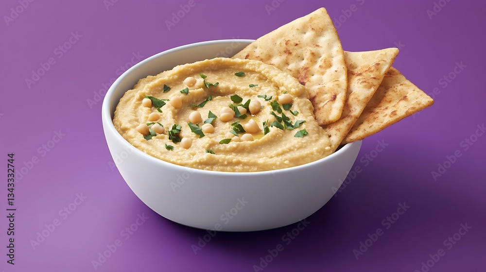 Chickpea hummus bowl with pita flatbread dipping on purple background Chickpea hummus bowl with pita flatbread dipping on purple background