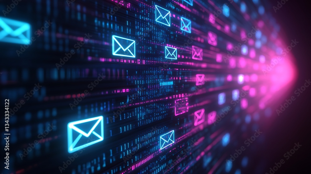 custom made wallpaper toronto digitalFuturistic digital email communication concept with glowing icons and binary data streams in vibrant colors