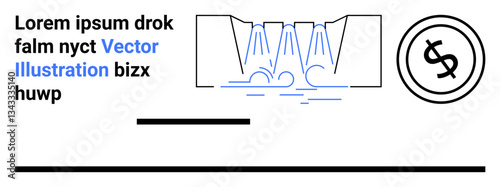 Water cascading through a channel, dollar symbol within a circle, abstract text blocks. Ideal for business, finance, economics, trade, industry, resource management abstract line flat metaphor