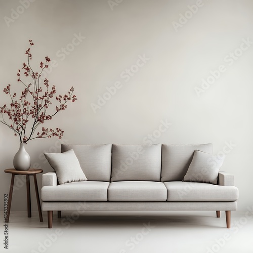 ベージュのモダンな三人掛けソファとシンプルな壁 | Modern Beige Three-Seater Sofa Against a Simple Wall
