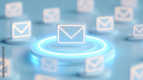 Illuminated Email Icons on a Soft Blue Background with Light Effects and Digital Design Elements