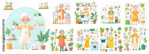 Senior woman cleaning, home chores, laundry, cooking, gardening, happiness, healthy lifestyle.