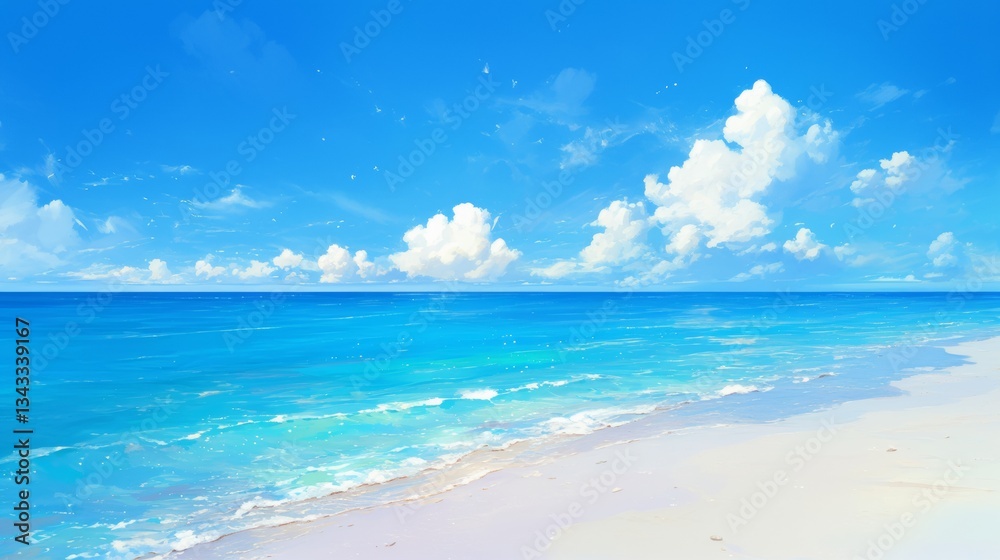 Obraz premium stunning beautiful beach and sea with sky view,clear water sea anime style painting illustration 