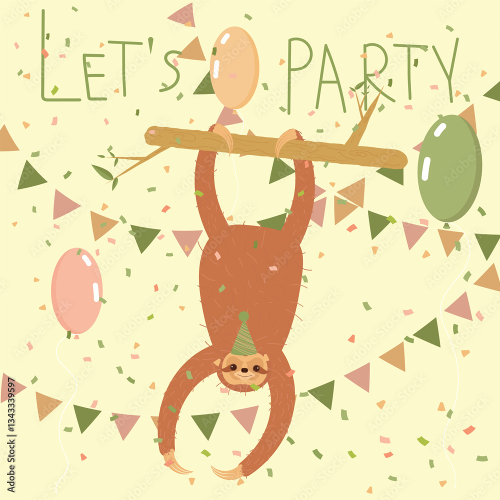 Fototapeta premium Cute banner with a cartoon sloth. Let's party!