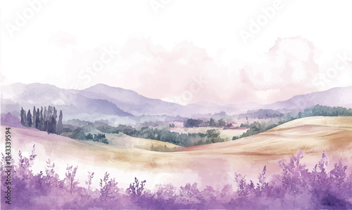watercolor mountain landscape with fog and lavender 