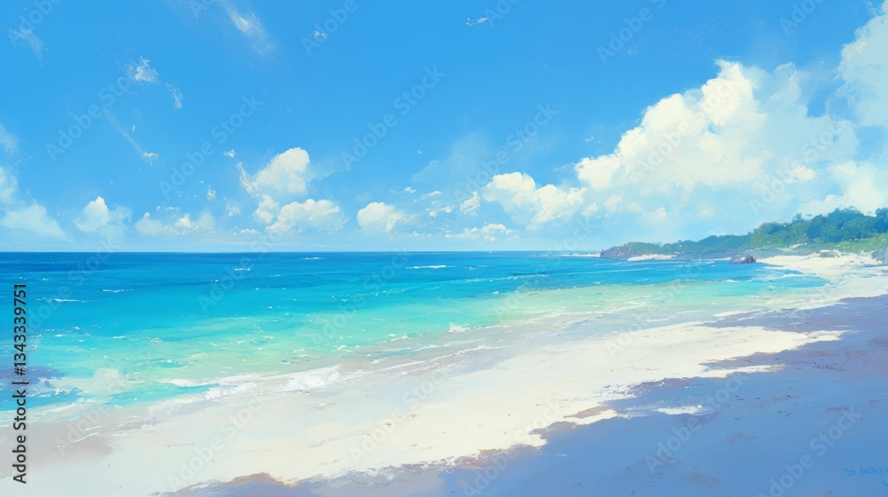 stunning beautiful beach and sea with sky view,clear water sea anime style painting illustration stunning beautiful beach and sea with sky view,clear water sea anime style painting illustration