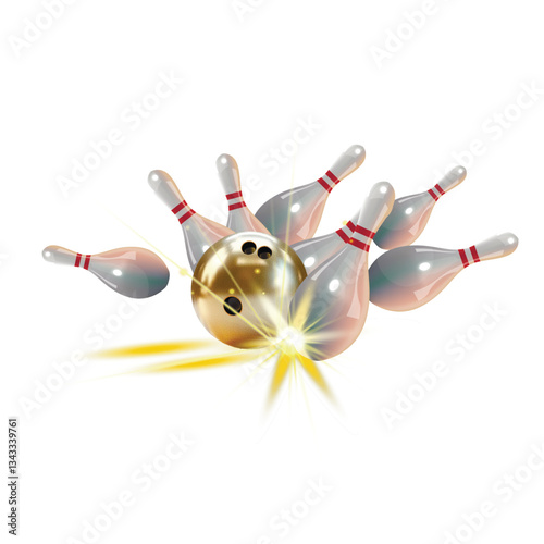 A realistic vector illustration depicting a golden bowling ball striking and scattering shiny pins.
