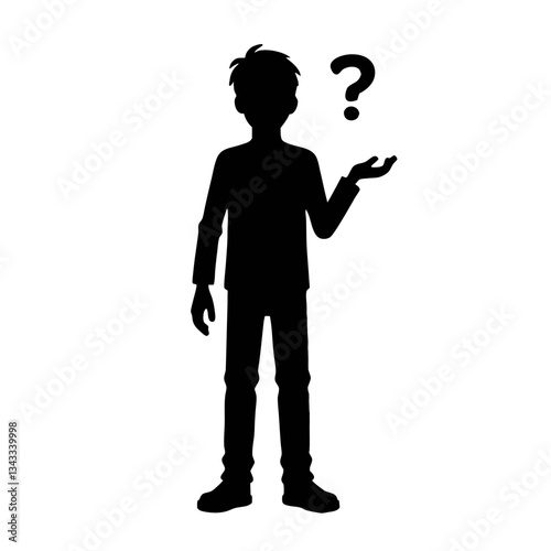 Young boy looking confused with a question mark gesture, uncertainty concept