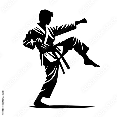 Young man practicing karate in a martial arts pose, action sports concept