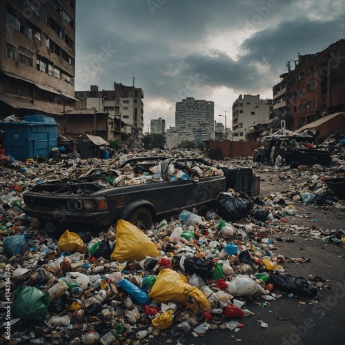 Wallpaper Mural Decaying cityscape littered with garbage, a broken car, and dilapidated buildings under a stormy sky, illustrating pollution and u Torontodigital.ca