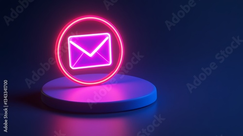 Neon Email Icon in Circular Frame on Modern Stand with Dark Background and Vibrant Glow Effect
