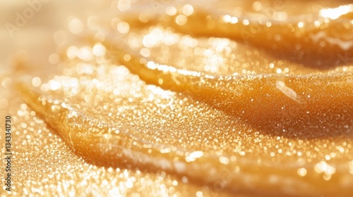 A generous smear of golden sunscreen lotion, glistening under the warm sun, protected a fair skin against the elements on a sun-baked sandy beach.
