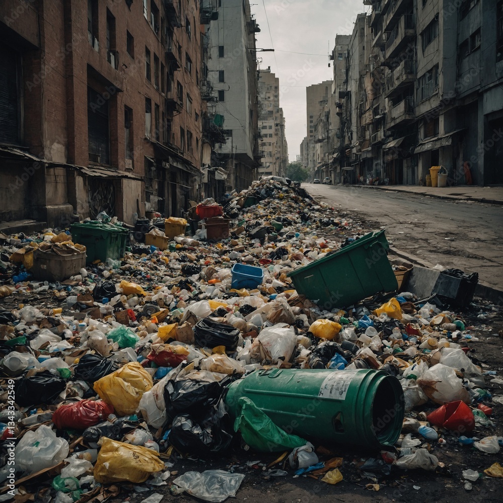 Fototapeta premium Accumulation of discarded waste, scattered trash covering the street, old buildings, and urban decay, creating a depiction of envi