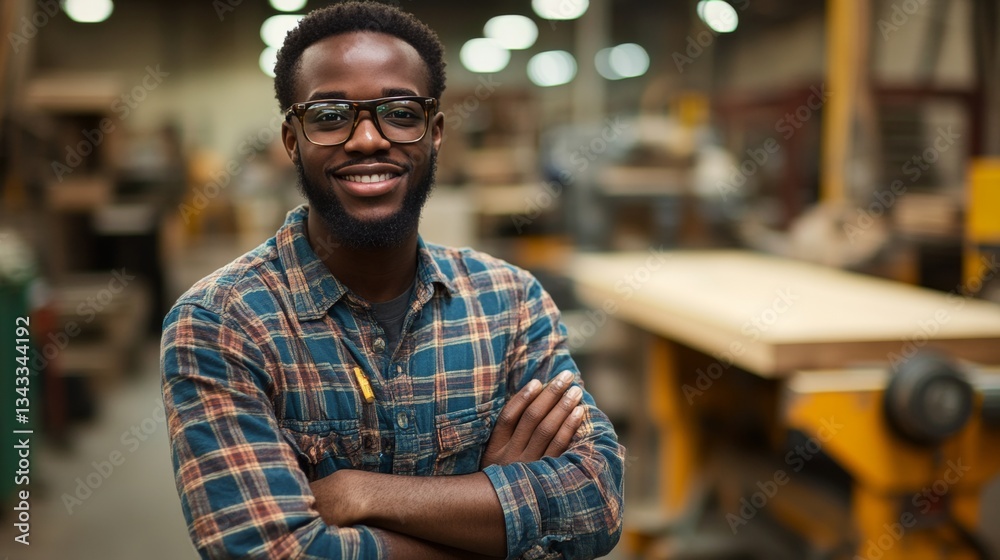Confident Woodworker With Arms Crossed In A Workshop, Modern Carpentry And Manufacturing Confident Woodworker With Arms Crossed In A Workshop, Modern Carpentry And Manufacturing