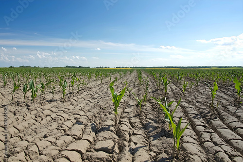 Dry cracked cornfield under blue sky with young corn plants in drought condition