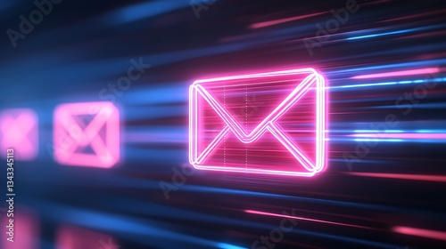 Neon Email Icon with Light Trails Representing Digital Communication and Connection in a Modern Style