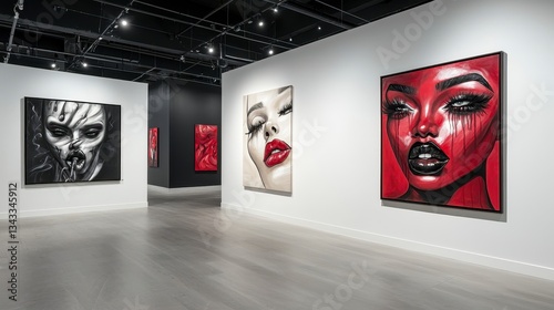 Modern Art Gallery Interior with Four Large Pixelated Portraits