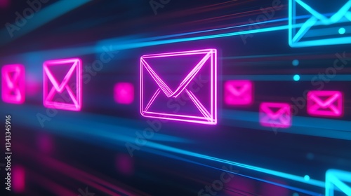 Neon Email Icons in Motion, Futuristic Digital Background with Bright Colors and Light Effects