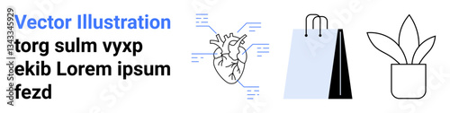 Heart diagram with tech connections, shopping bags symbolizing retail, and simple potted plant. Ideal for technology, healthcare, shopping, environment, e-commerce, lifestyle and simple landing page