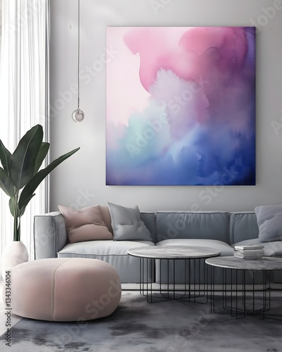 Modern Living Room with Abstract Art, Light Blue Sofa and Pink Accents