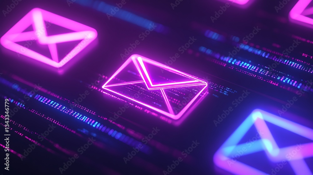 Fototapeta premium Neon Email Icons on Digital Background with Colorful Light Effects and Glowing Animation Elements