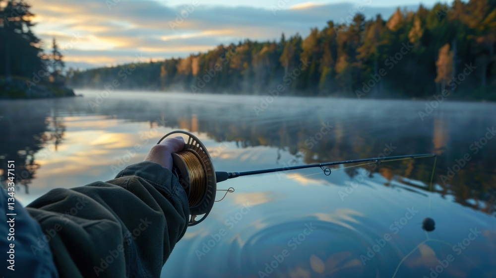 Angler's serene sunrise catch casting rod on the calm lake waters Angler's serene sunrise catch casting rod on the calm lake waters