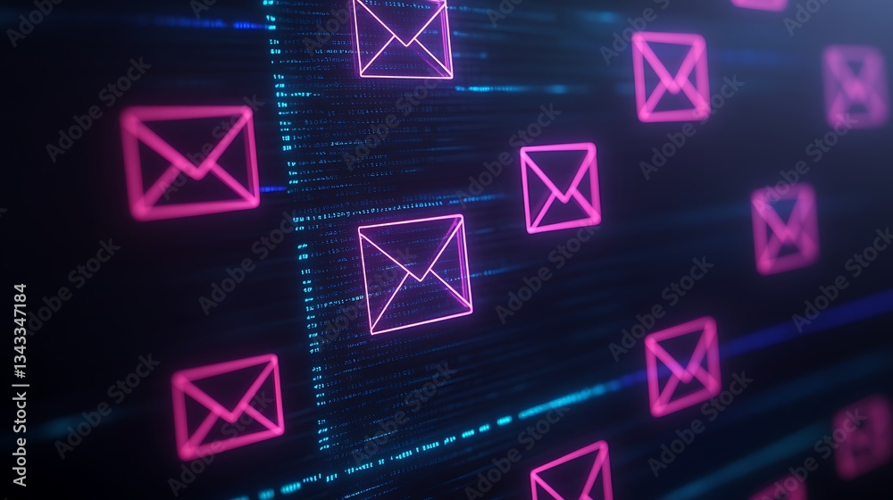 Neon Email Icons with Binary Code Background for Digital Communication Concept Art