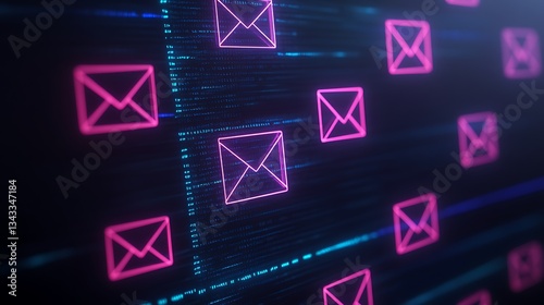 Neon Email Icons with Binary Code Background for Digital Communication Concept Art