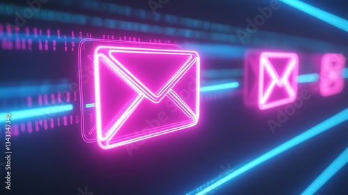 Neon Email Icons with Blue and Pink Lines on a Digital Background for Communication and Technology Themes