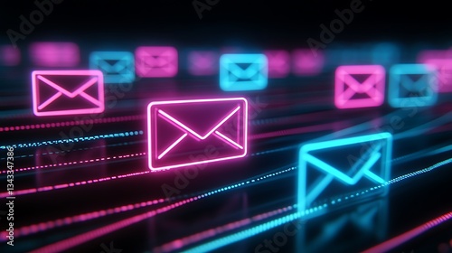 Neon Email Icons with Bright Colors and Digital Background for Technology and Communication Themes
