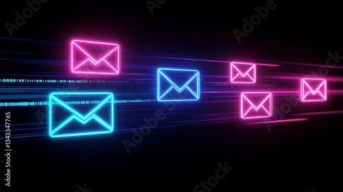 Neon Email Icons with Digital Binary Background in Blue and Pink Colors for Modern Communication Concepts