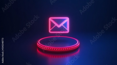 Neon Envelope Icon on a Display Platform with a Dark Background and Glowing Edges
